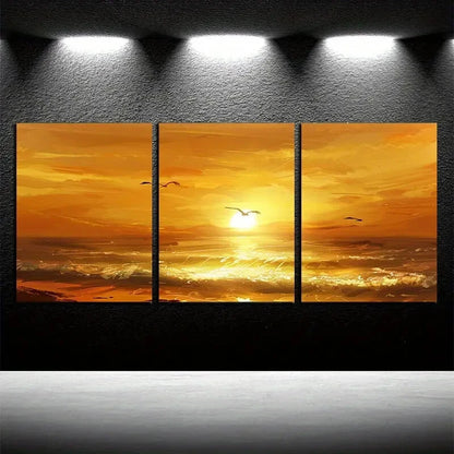 3pcs Vibrant Quiet Beach with Sunset View Metal Print Ready to Hang Art