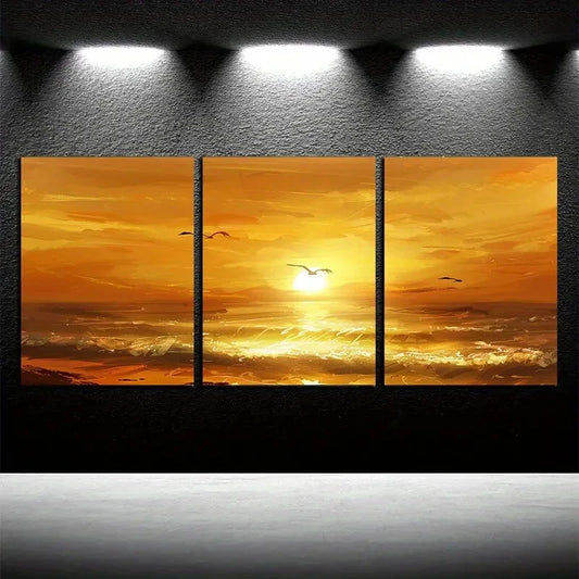 3pcs Vibrant Quiet Beach with Sunset View Metal Print Ready to Hang Art