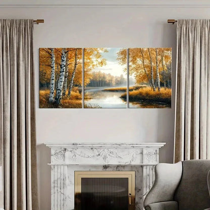 3pcs Autumn Forest Landscape Birch Trees Metal Print Ready to Hang Art