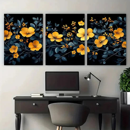 3pcs Modern Black and Yellow Floral Geometric Wall Art Canvas Unframed – High Quality Print 100% Australian Made Wall Canvas
