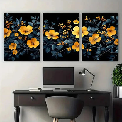 3pcs Modern Black and Yellow Floral Geometric Wall Art Canvas Unframed – High Quality Print 100% Australian Made Wall Canvas