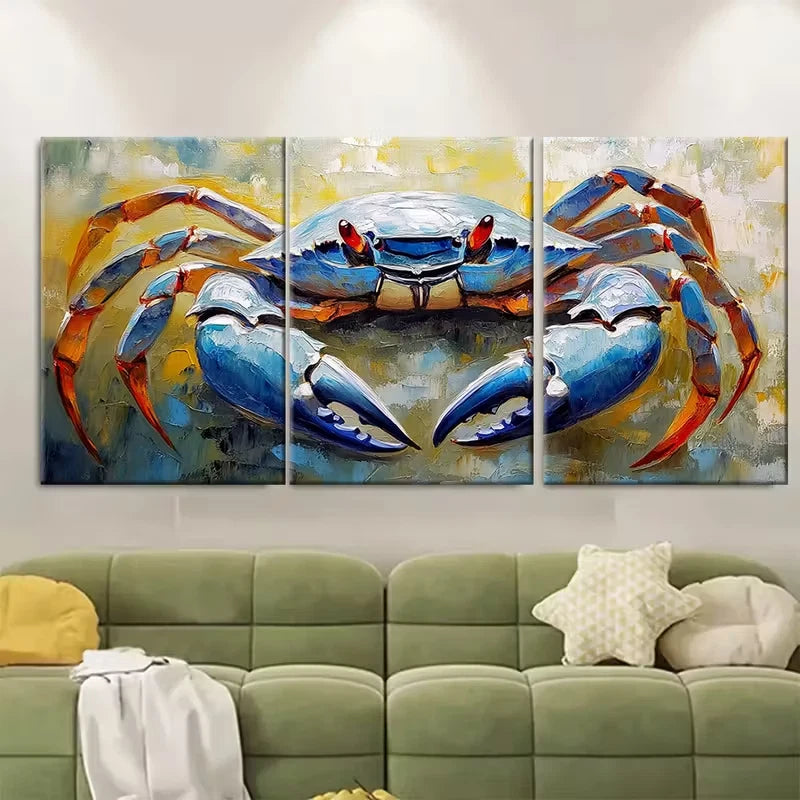 3pcs Vibrant Blue Crab Textured Coastal Nautical Metal Print Ready to Hang Art