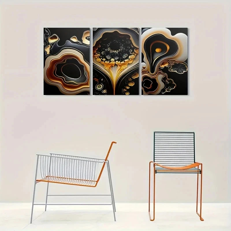 3pcs Modern Geode Painting Black Golden White Metal Print Ready to Hang Art
