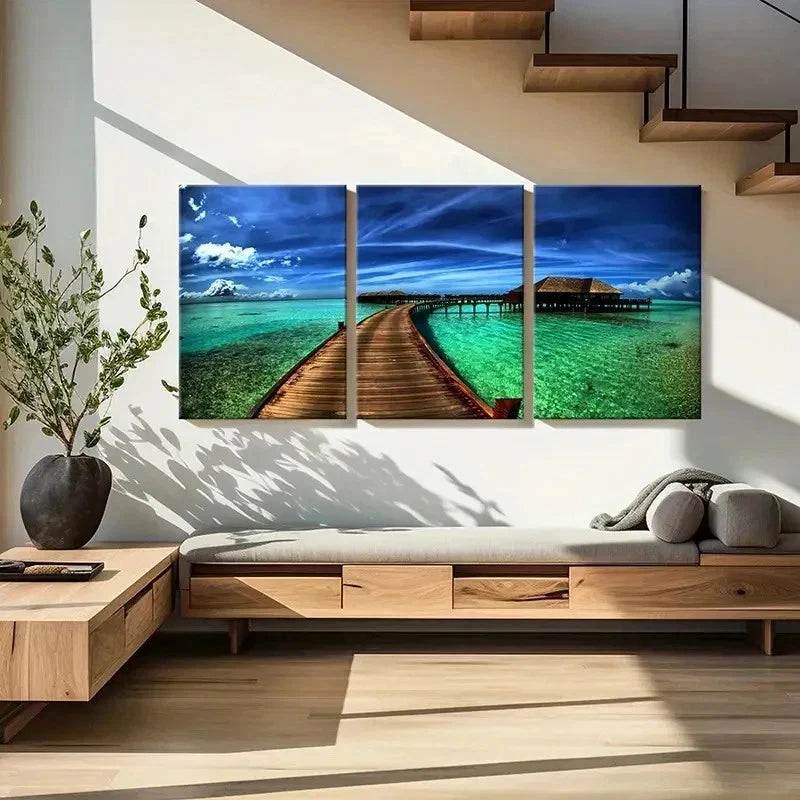 3pcs Sea View Cabin Bridge Landscape Wall Art Set Canvas Framed 40x60cm - High Quality Print 100% Australian Made Wall Canvas Ready to Hang