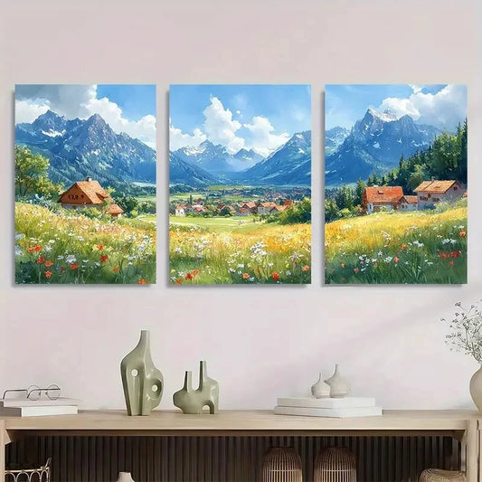 3pcs European Countryside Mountain Landscape Metal Print Ready to Hang Art