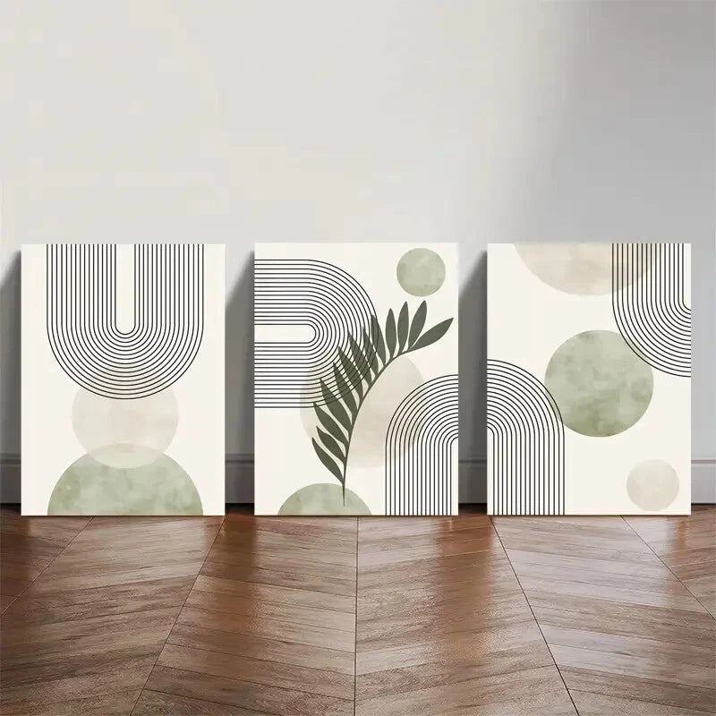 3pcs Abstract Sage Green Geometric Line Print Metal Print Ready to Hang Art