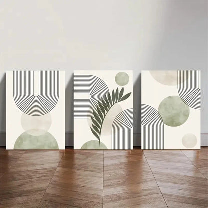 3pcs Abstract Sage Green Geometric Line Print Metal Print Ready to Hang Art