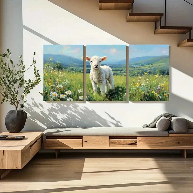 3pcs Pastoral Landscape with Lamb in Spring Meadow Metal Print Ready to Hang Art