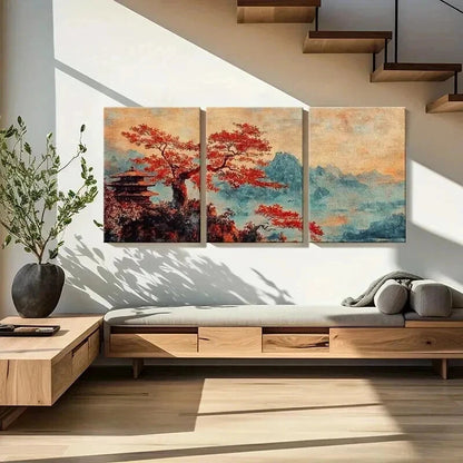 3pcs Autumn Landscape Red Maple Tree Wall Art Set Canvas Framed 40x60cm - High Quality Print 100% Australian Made Wall Canvas Ready to Hang