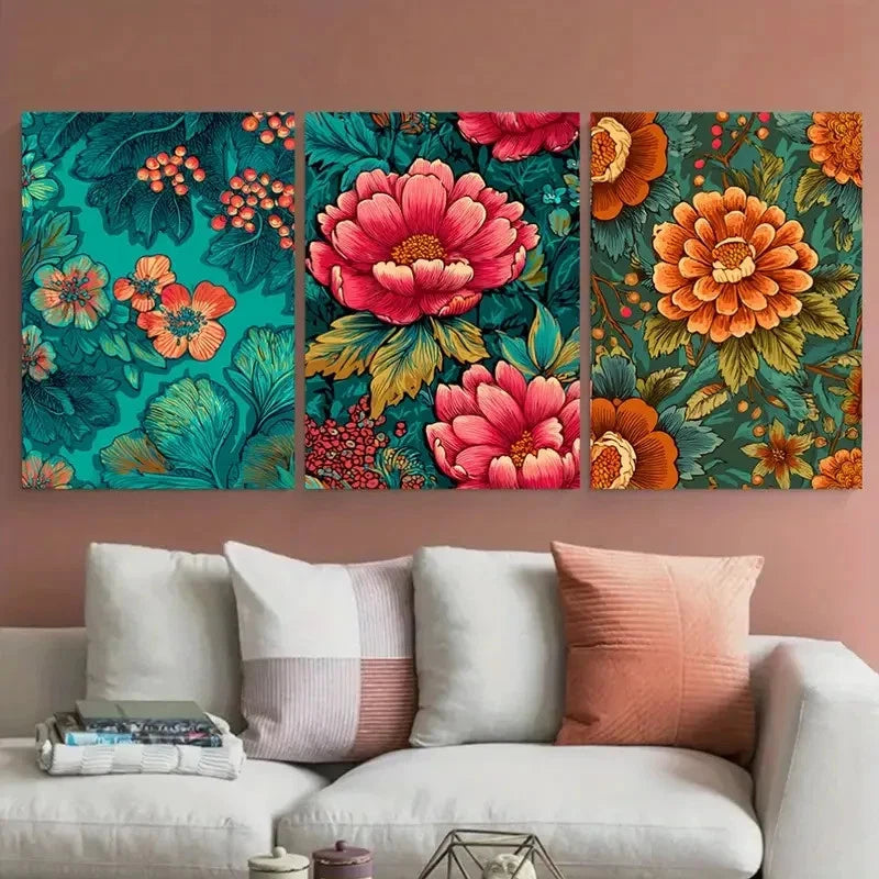 3pcs Vintage Bangkok Floral Thailand Design Wall Art Set Canvas Framed 50x70cm - High Quality Print 100% Australian Made Wall Canvas Ready to Hang