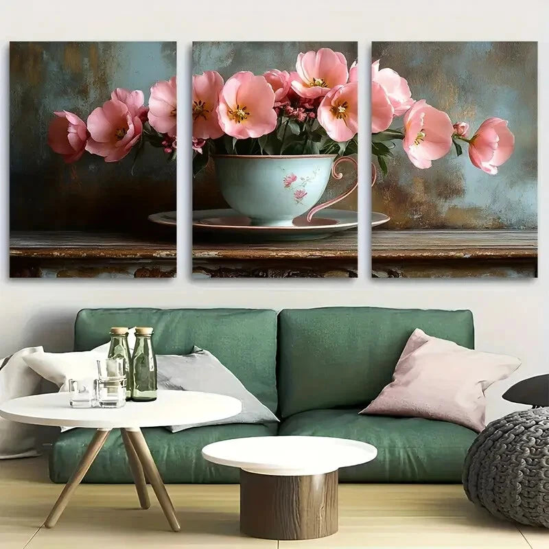 3pcs Pink Tulips in Floral Teacup Design Metal Print Ready to Hang Art