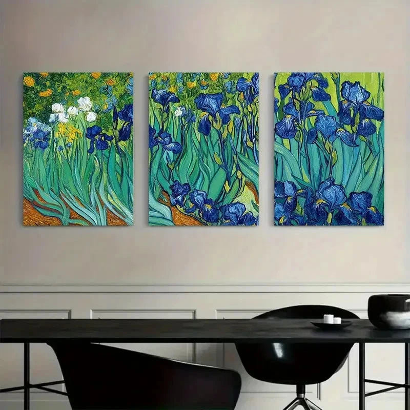 3pcs Field of Blue Irises in Full Bloom Painting Metal Print Ready to Hang Art