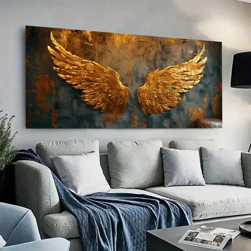 Elegant Golden Angel Wings wall canvas office home room framed 120x60cm