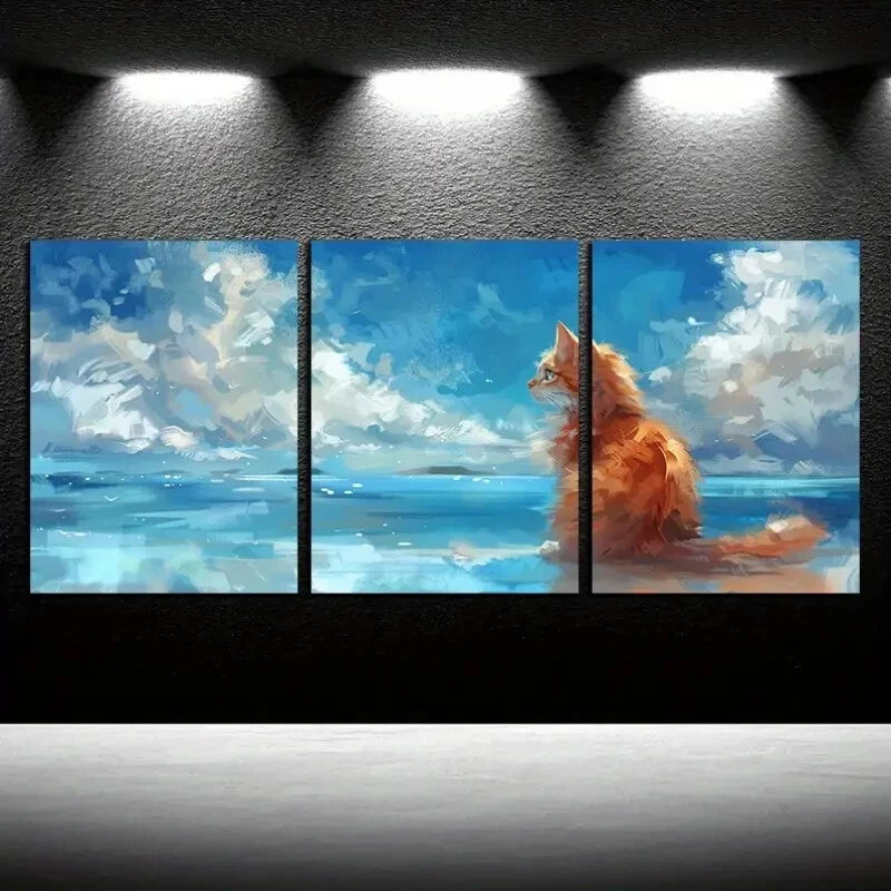 3pcs Calm Sea, Cotton-Like Clouds, and A Deep Blue Metal Print Ready to Hang Art