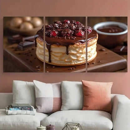 3pcs Layered Souffle Dessert with Chocolate Sauce Metal Print Ready to Hang Art