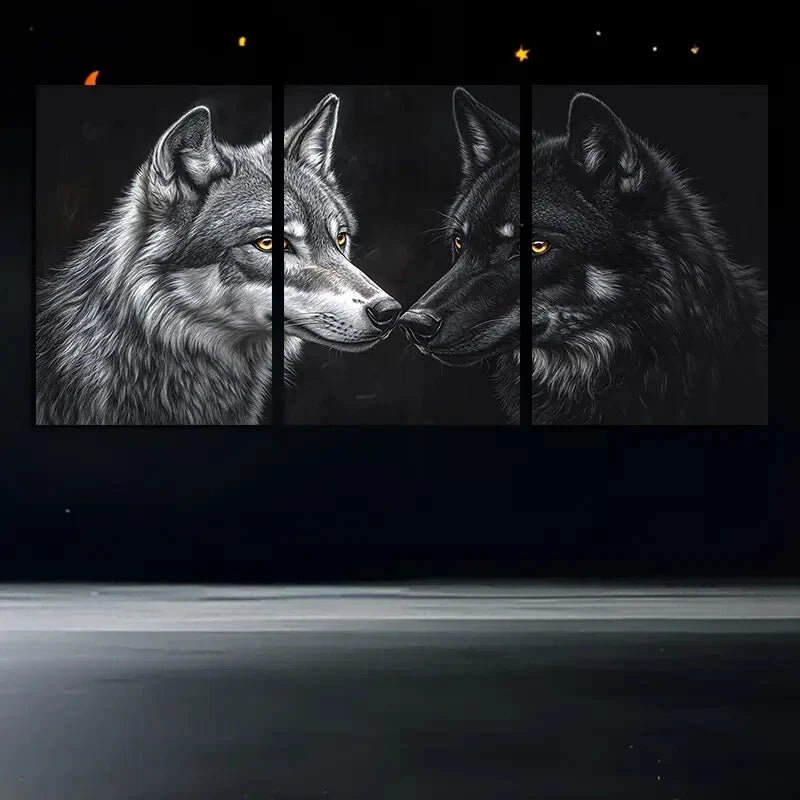 3pcs Two Wolves with Yellow Eyes Illustration Metal Print Ready to Hang Art