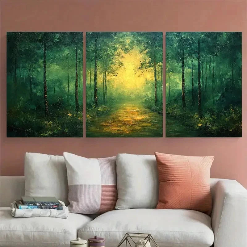 3pcs Modern Abstract Green Forest Landscape Metal Print Ready to Hang Art