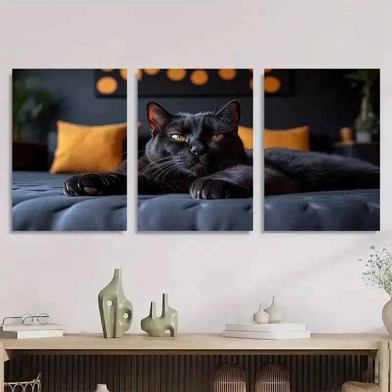 3pcs Black Cat Paw Animal Stunning Golden Eyes Metal Print Ready to Hang Art