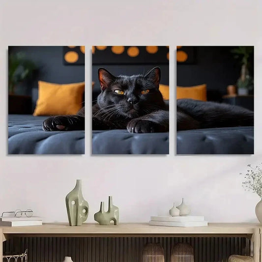 3pcs Black Cat Paw Animal Stunning Golden Eyes Metal Print Ready to Hang Art