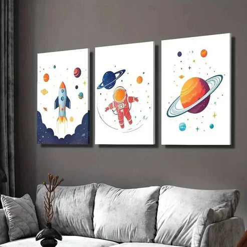 3pcs Astronaut With Rocket Floating in Space Wall Art Set Canvas Unframed - High Quality Print 100% Australian Made Wall Canvas