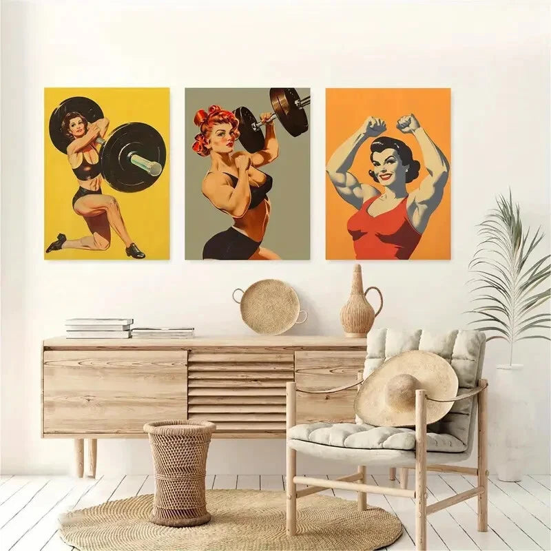 3pcs Vintage Gym Female Weightlifter Perfect Wall Art Set Canvas Framed 40x60cm - High Quality Print 100% Australian Made Wall Canvas Ready to Hang
