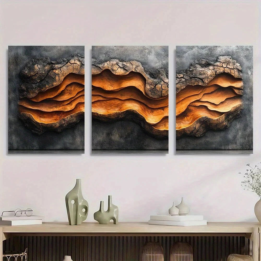 3pcs Bark Texture Golden Gray Theme Metal Print Ready to Hang Art