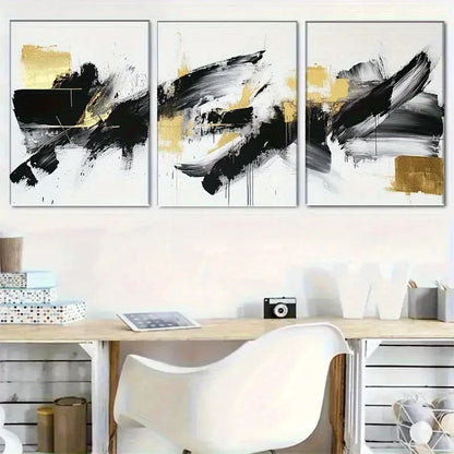3pcs Abstract Black and Golden Penstroke Design Metal Print Ready to Hang Art