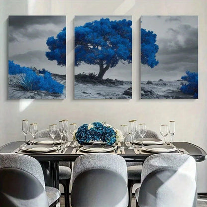 3pcs Vibrant Blue Tree Scene Surreal Metal Print Ready to Hang Art