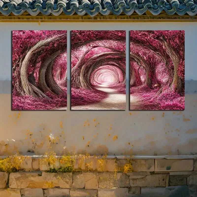 3pcs Enchanting Pink Forest with Pathway Metal Print Ready to Hang Art