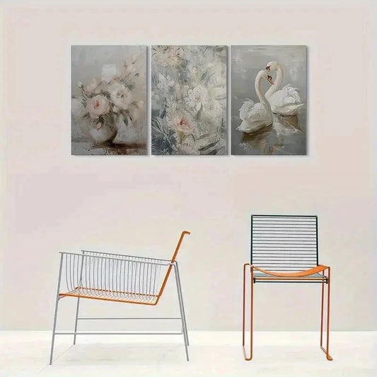 3pcs Romantic Swan and Floral Wall Art Set Canvas Framed 60x90cm - High Quality Print 100% Australian Made Wall Canvas Ready to Hang