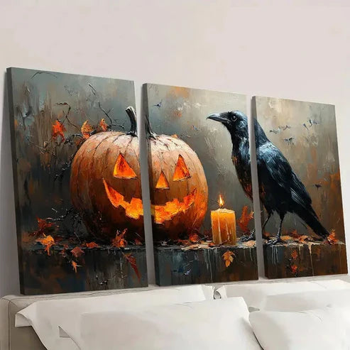3pcs Halloween Pumpkin & Crow ER Wall Art Set Canvas Unframed - High Quality Print 100% Australian Made Wall Canvas