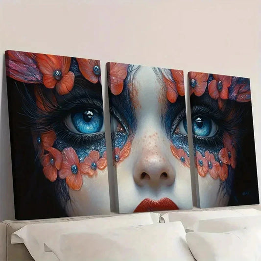 3pcs Vibrant Blue Eyes & Floral Design J Wall Art Set Canvas Framed 50x70cm - High Quality Print 100% Australian Made Wall Canvas Ready to Hang
