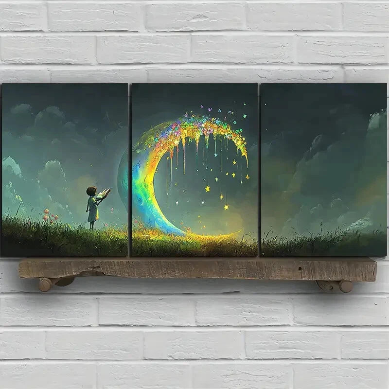 3pcs People Who Read Under The Moon Metal Print Ready to Hang Art