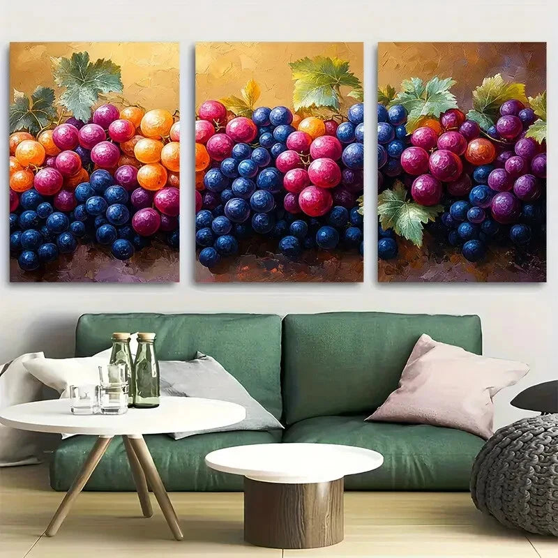 3pcs Bright Grapes On Grapevines Design Metal Print Ready to Hang Art