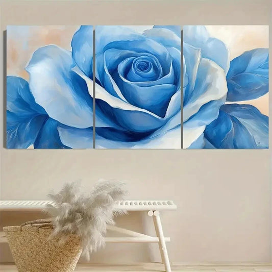 3pcs Blue Rose and Beige Flower Metal Print Ready to Hang Art