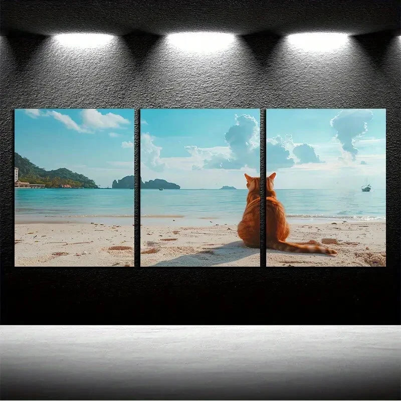 3pcs Very Cute Little Cat Is Resting By The Shore Metal Print Ready to Hang Art