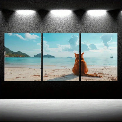 3pcs Very Cute Little Cat Is Resting By The Shore Metal Print Ready to Hang Art