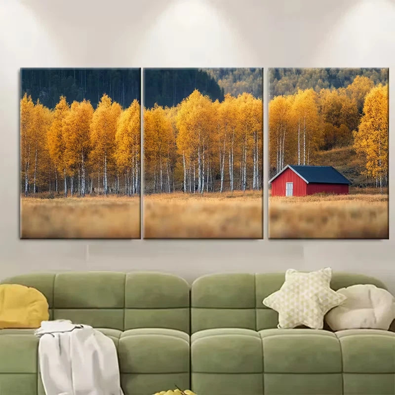 3pcs Autumn Forest, Golden Aspen Trees Metal Print Ready to Hang Art