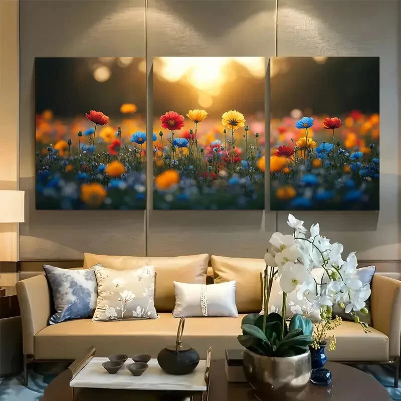 3pcs Vibrant Countryside Wildflowers Meadow Metal Print Ready to Hang Art