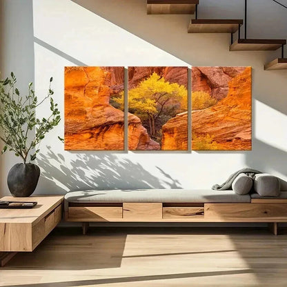 3pcs Autumn Golden Trees on a Valley Wall Art Set Canvas Framed 40x60cm - High Quality Print 100% Australian Made Wall Canvas Ready to Hang