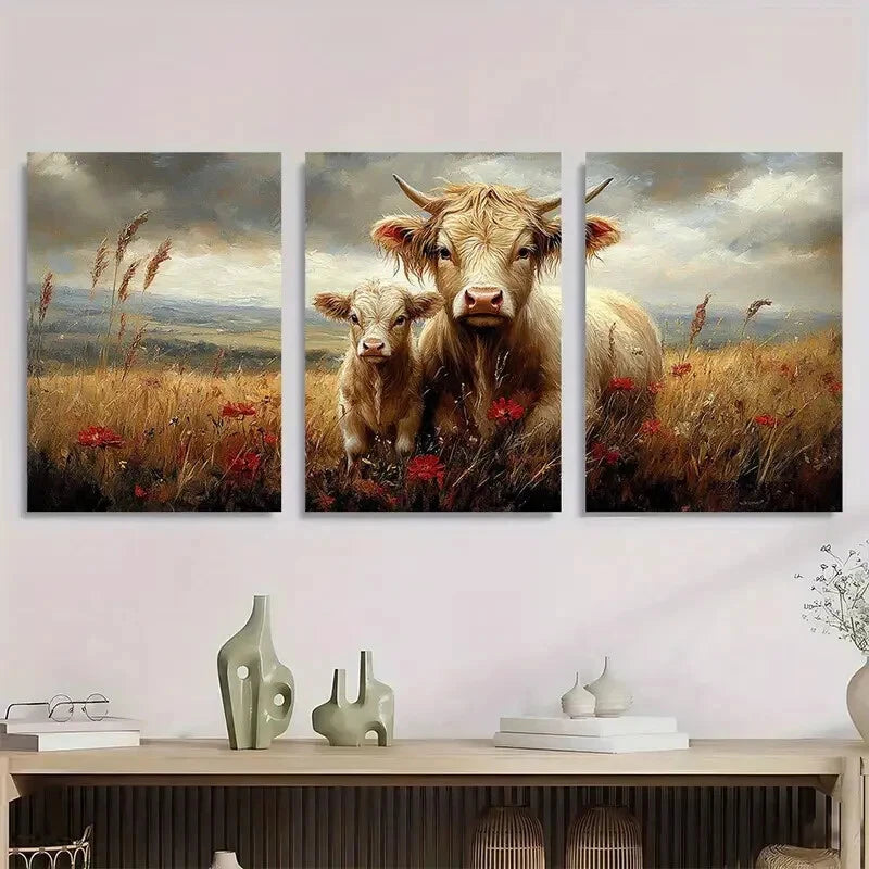 3pcs Highland Cow and Calf Countryside Scene Metal Print Ready to Hang Art