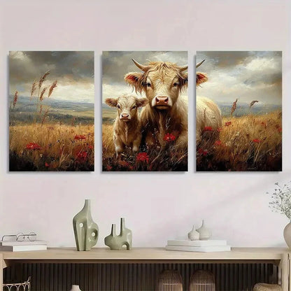 3pcs Highland Cow and Calf Countryside Scene Metal Print Ready to Hang Art