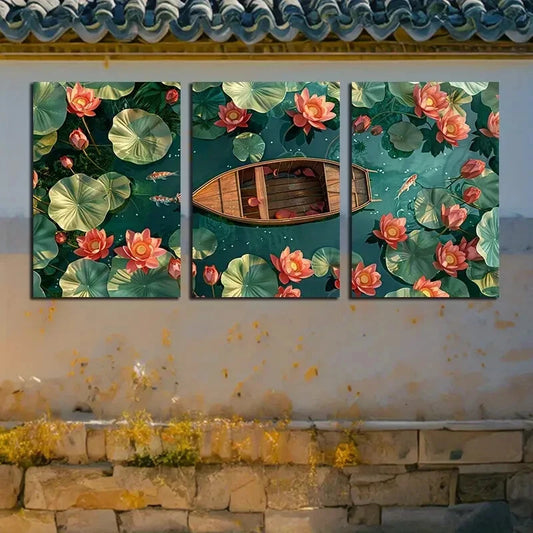 3pcs Vibrant Lotus Pond with Boat and fishes Metal Print Ready to Hang Art