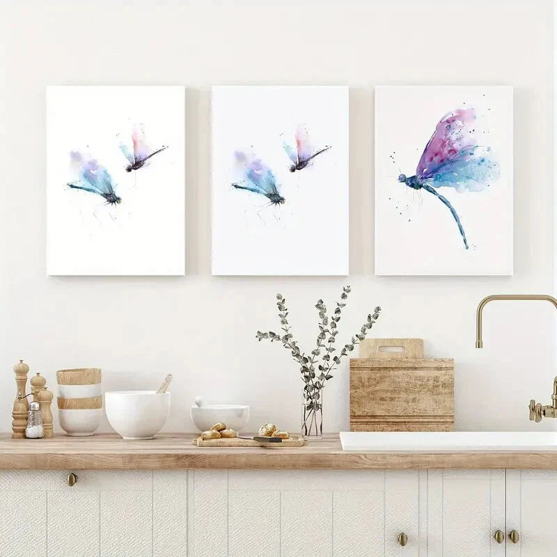 3pcs Artistic Ink Dragonfly Watercolor Metal Print Ready to Hang Art