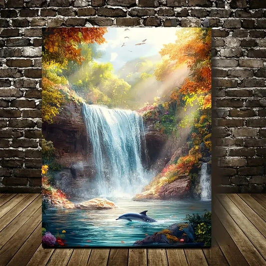 Fantasy Dolphin & Waterfall Scene with Sunbeams 40x60cm Metal Print Ready to Hang