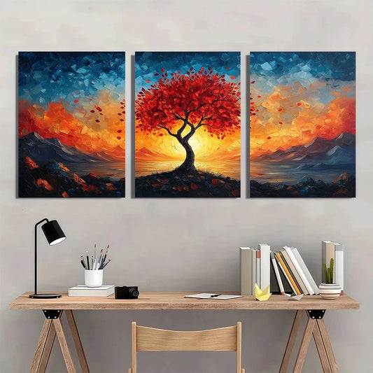 Three-panel painting of a tree with red leaves above a desk with books and stationery.