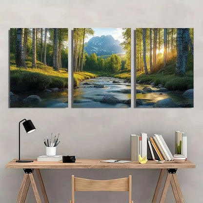 3pcs Serene Stream and Mountain View Polyester Metal Print Ready to Hang Art