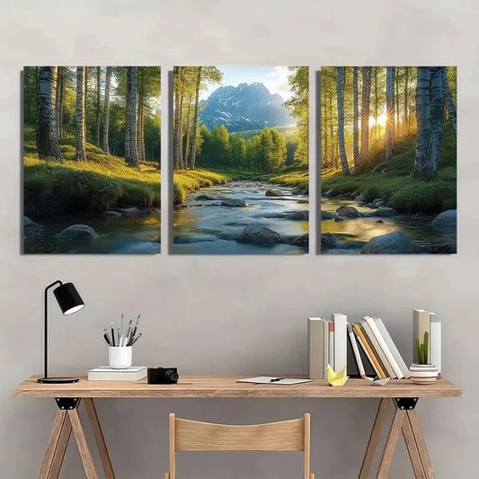 3pcs Serene Stream and Mountain View Polyester Metal Print Ready to Hang Art