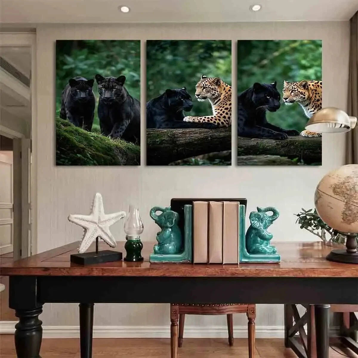 3pcs Black Leopard Jaguar and Cheetah in Forest Metal Print Ready to Hang Art