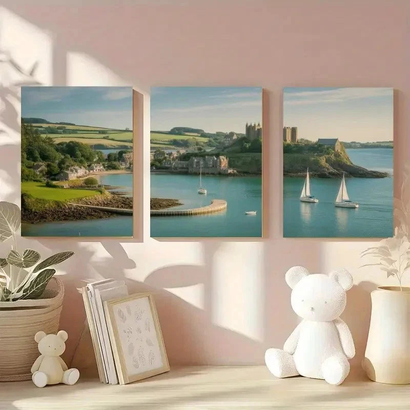 3pcs Seaside Village Sailboats Painting Metal Print Ready to Hang Art